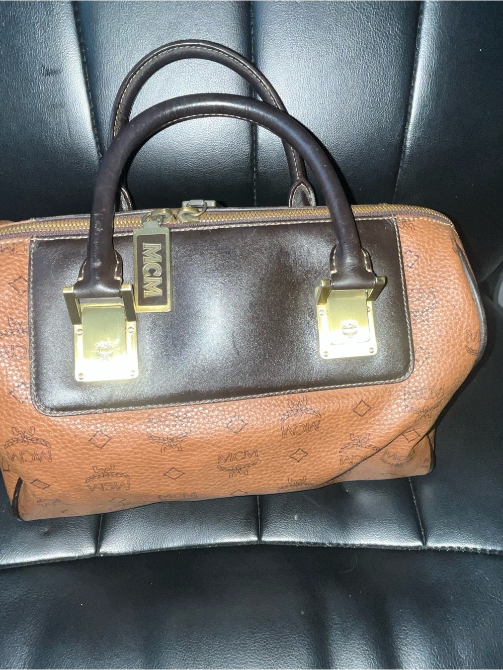 MCM Two-Tone Brown Cognac Logo Satchel with Gold Hardware.